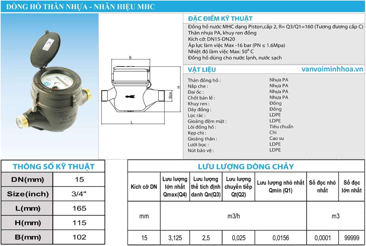Đồng hồ nước Minh Hòa MHC phi 21 DN15 Thân nhựa 2 Đặc điểm kỹ thuật của đồng hồ nước mình hòa mhc thân nhựa