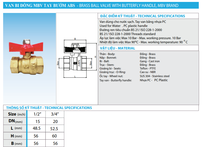 Van bi đồng tay bướm MBV phi 27 DN20 (ABS, ren trong) 2 Đặc điểm kỹ thuật của van bi đồng tay bướm mbv abs ren trong