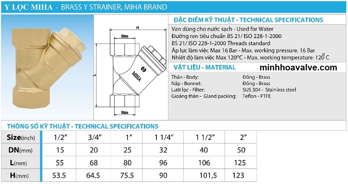 Van Y Lọc Đồng MIHA Phi 49 DN40 2 Đặc điểm kỹ thuật của van y lọc đồng miha
